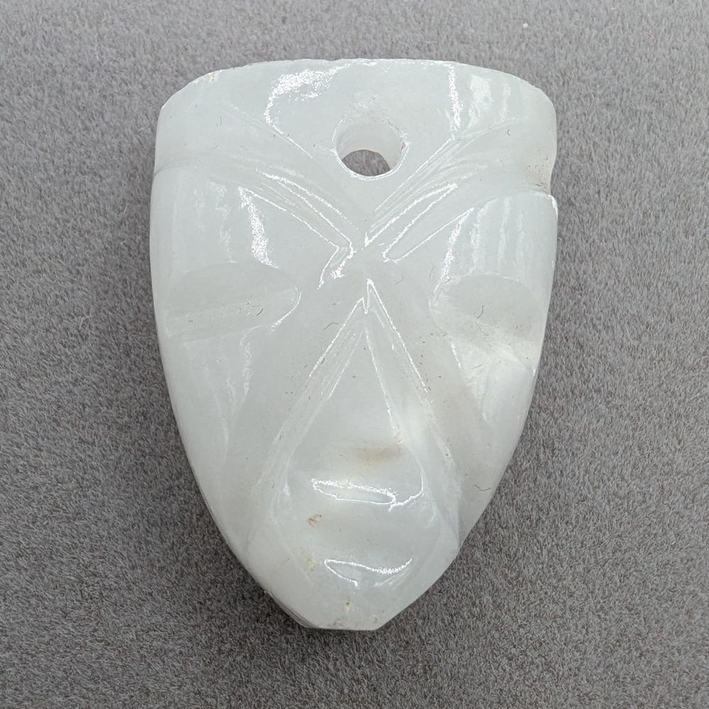 Hand Carved White Stone Mask Pendant Tribal Face Jewelry Bead Artisan Crafted